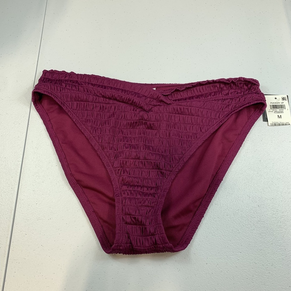 Bar III Women's Swim Bikini Bottom M Plum Berry Textured High V Waist Beach